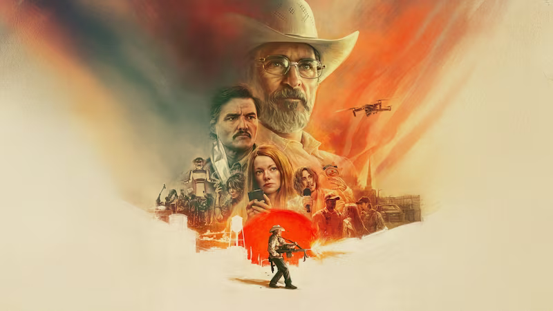 映画エディントンへようこそのポスター。メインキャストの顔が大きく浮かび、その周囲にスマホを持った現代人の姿が映る。