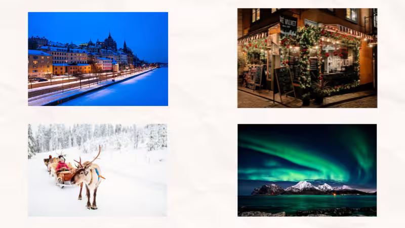A collage capturing the charm of winter in Sweden. Images combining Stockholm's snow-covered cityscape, a café exterior adorned with Christmas decorations, a reindeer sleigh experience, and the Arctic Circle landscape illuminated by the aurora.