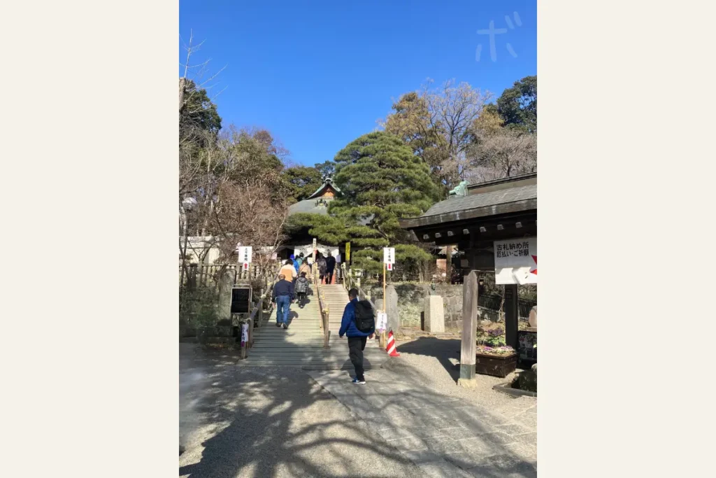 Walking along the approach to Jindaiji Temple, people heading toward the main hall and the clear winter air.