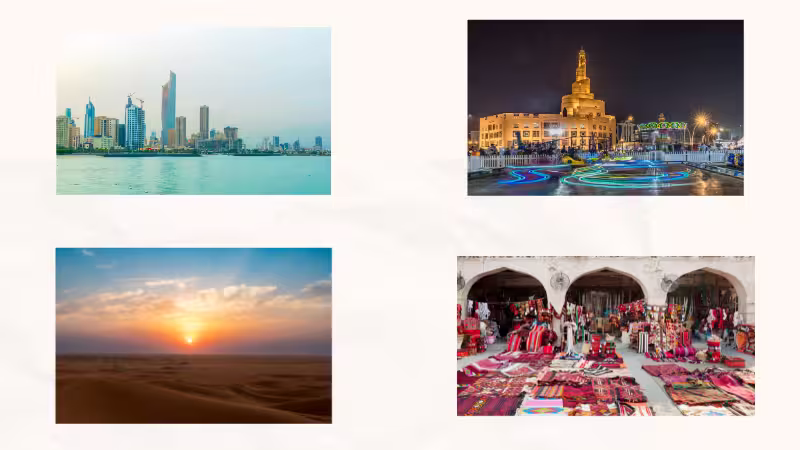 A collage capturing Qatar's winter. It includes Doha's coastal skyscrapers, the Fanar Islamic Cultural Center at night, desert sunsets, and Souq Waqif market.