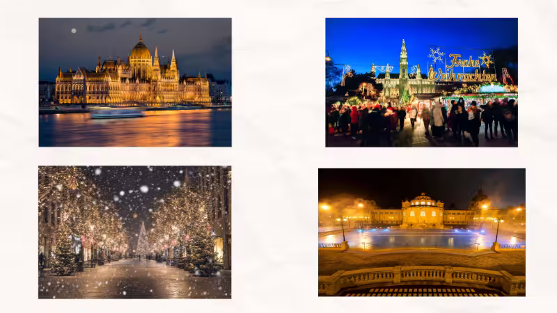 A collage showcasing Hungary's winter highlights. Featuring images of the illuminated Parliament Building, Budapest's Christmas market, snow-covered illuminated streets, and the Széchenyi Thermal Baths at night.