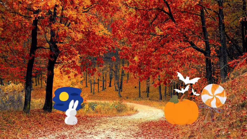 月見するウサギとハロウィンのイラストが描かれた紅葉の画像