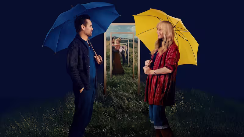 映画ビューティフル・ジャーニー ふたりの時空旅行のキービジュアル。男女が傘をさして見つめ合う。