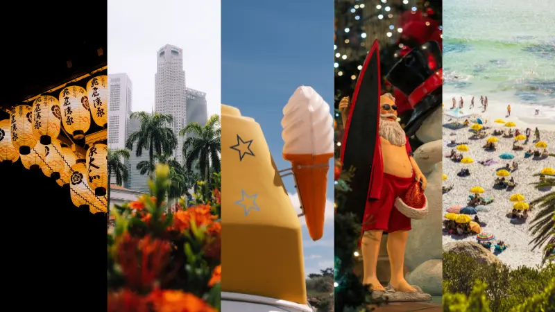 日本の提灯、シンガポールのヤシと高層ビル、イギリスのアイスクリーム、真夏のクリスマスを表すサンタ、南アフリカのビーチを並べた5か国の夏休み比較コラージュ。