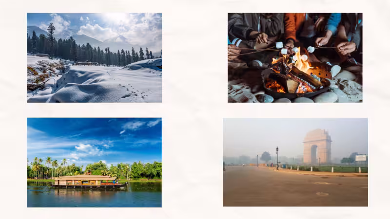 A collage image capturing the diversity of Indian winters. It combines snowy landscapes stretching across Kashmir in northern India, the mist-shrouded India Gate in Delhi, people gathered around bonfires in winter, and scenes of warm houseboats on the water in Kerala, southern India.