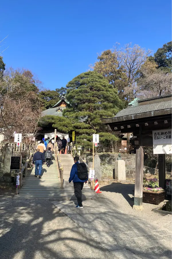 深大寺の参道を歩き、本堂へと向かう人々の後ろ姿と冬の澄んだ空気。