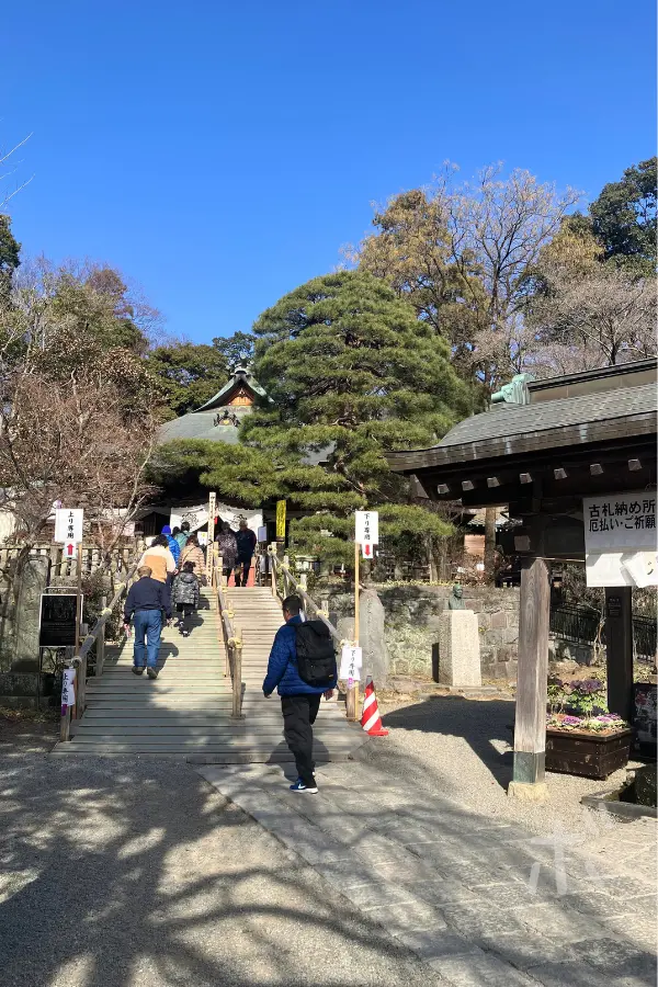 Walking along the approach to Jindaiji Temple, the backs of people heading toward the main hall and the clear winter air.