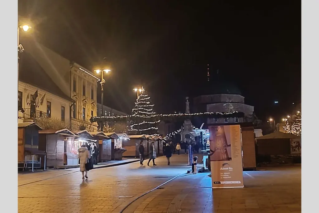 ハンガリーの冬、屋台が並ぶ夜の通りを歩く人々の風景