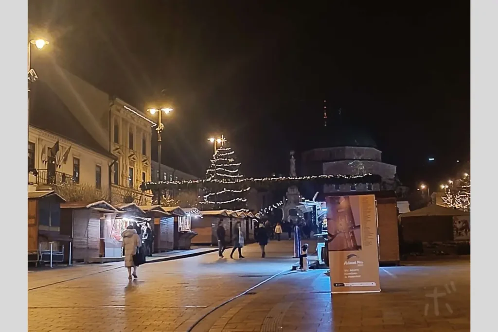 People walking down a street lined with food stalls at night in winter in Hungary