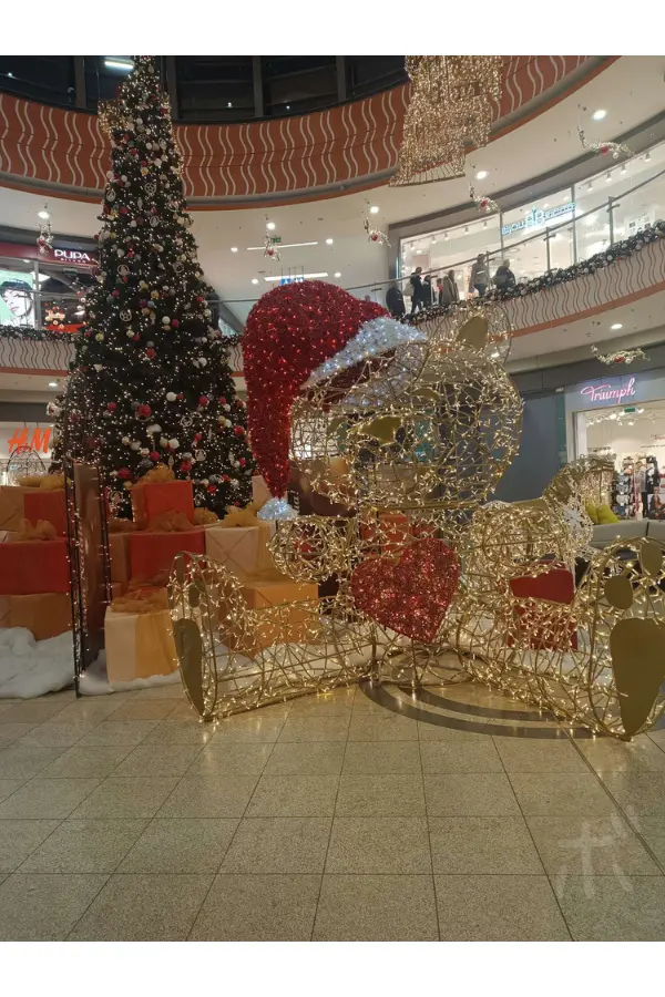 Christmas tree and bear decorations in a shopping mall in Hungary