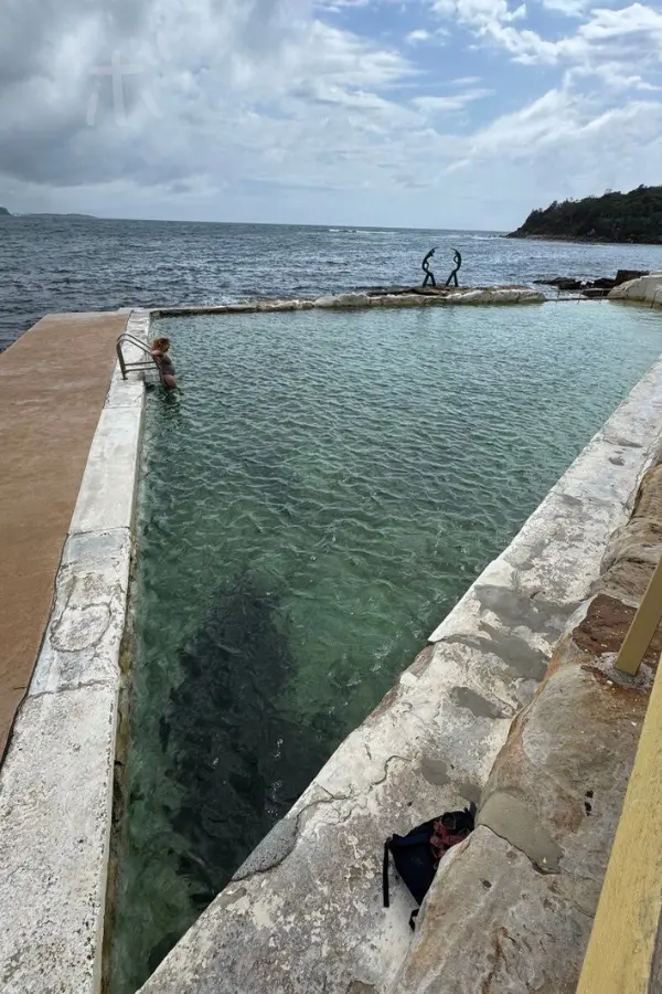 海に面した海水プールと水平線が見えるマンリーの海辺の景色