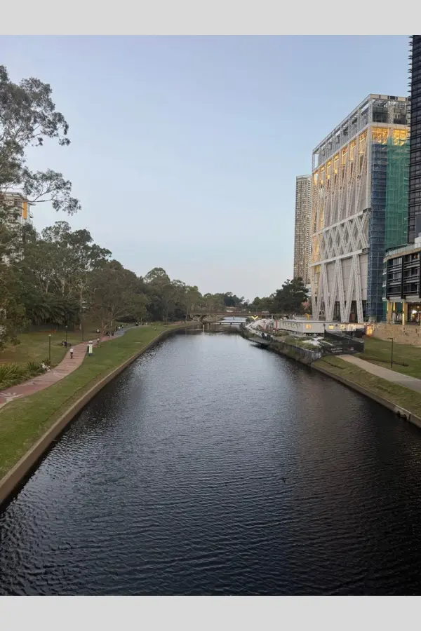 夕暮れ前のParramatta川を上から見下ろした風景。川沿いの道と建物が静かに続いている。