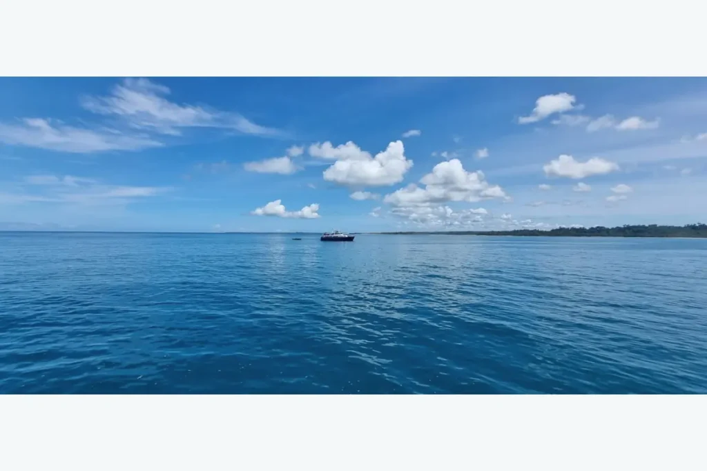 広い空の下に広がる静かな青い海と遠くの船