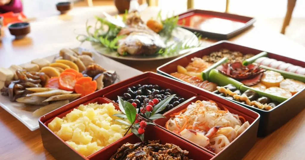 お正月の食卓に並べられたおせち料理。静かな時間の流れと、新しい一年の始まりを感じさせる風景。