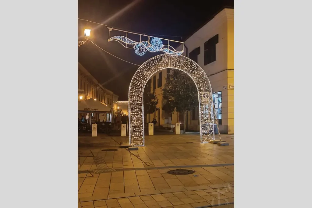 Entrance scene of illumination at night encountered in a Hungarian city in winter