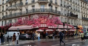 桜の装飾が施されたカフェと春の街並みの風景