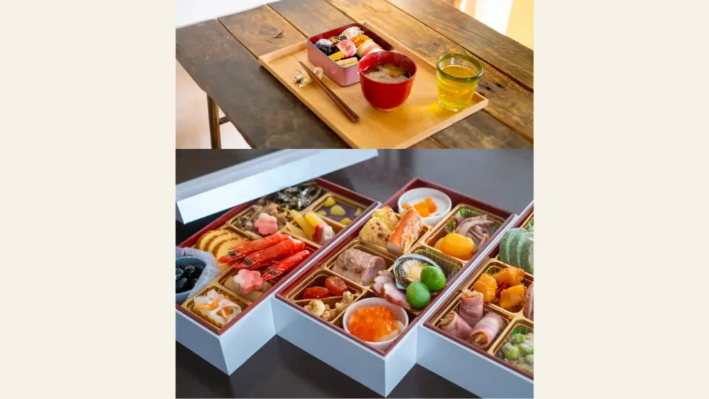 昔ながらの素朴なおせちと、現代風に進化した華やかなおせちを並べて表現した比較イメージ。