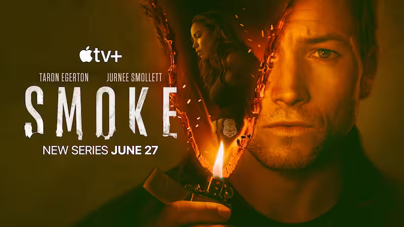 Apple TV+新作ドラマ『Smoke』公式キーアート。ライターの火越しに並ぶタロン・エジャトンとジャーニー・スモレット