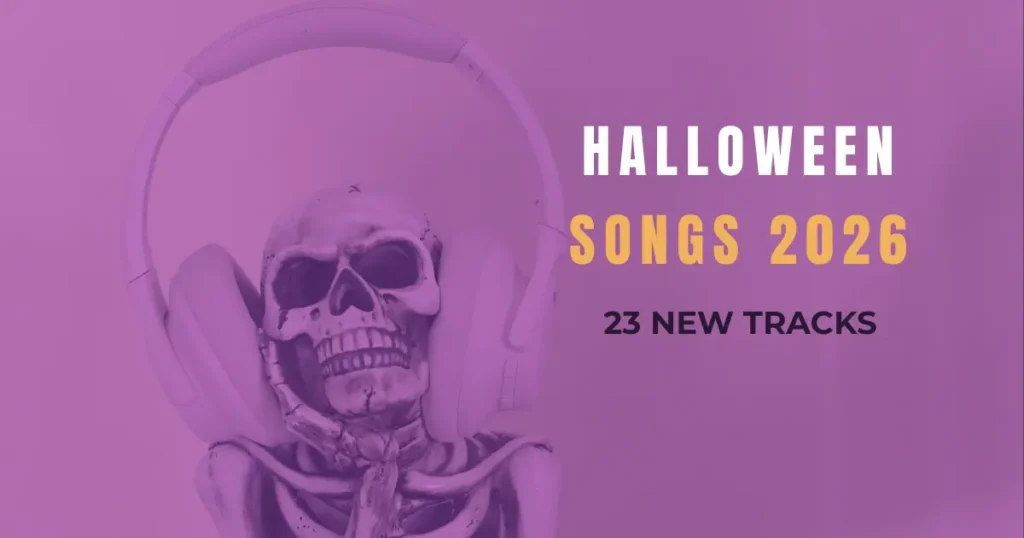 ヘッドホンをした骸骨を背景に、2026年のハロウィンソング23曲を紹介するアイキャッチ画像