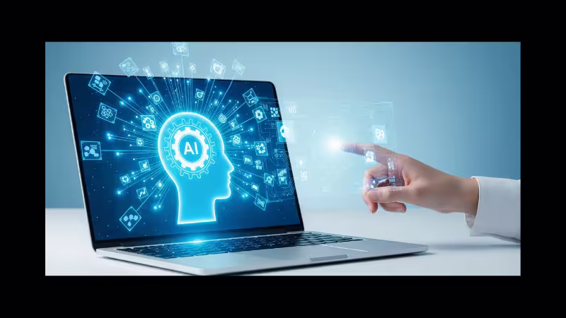 A futuristic conceptual diagram depicting an OS architecture where AI operates on PCs, integrating and controlling multiple applications.