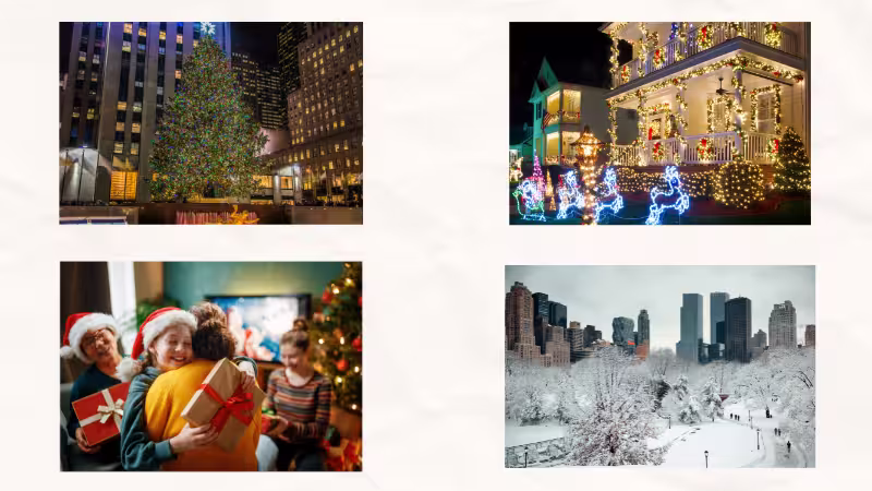 A collage depicting American winter. It shows the giant tree at Rockefeller Center, Christmas lights in residential neighborhoods, families exchanging gifts, and Central Park covered in snow.