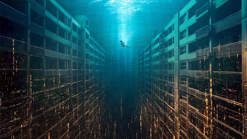 韓国映画「大洪水」の公式ポスター。水に沈んだ都市に人が浮かぶ。