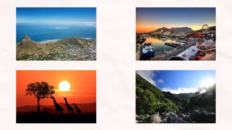 A collage capturing the sights of summer in South Africa. Combining Table Mountain and the sea of Cape Town, the harbor at the Waterfront, silhouettes of giraffes on safari, and landscapes of green mountains.