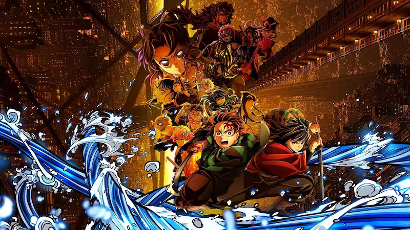 炎や水のエフェクトが交差する中、炭治郎や義勇らが無限城で戦いに挑む迫力ある構図の鬼滅の刃無限城編ビジュアル