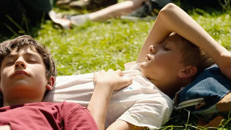 草の上で穏やかに横たわるレオとレミ